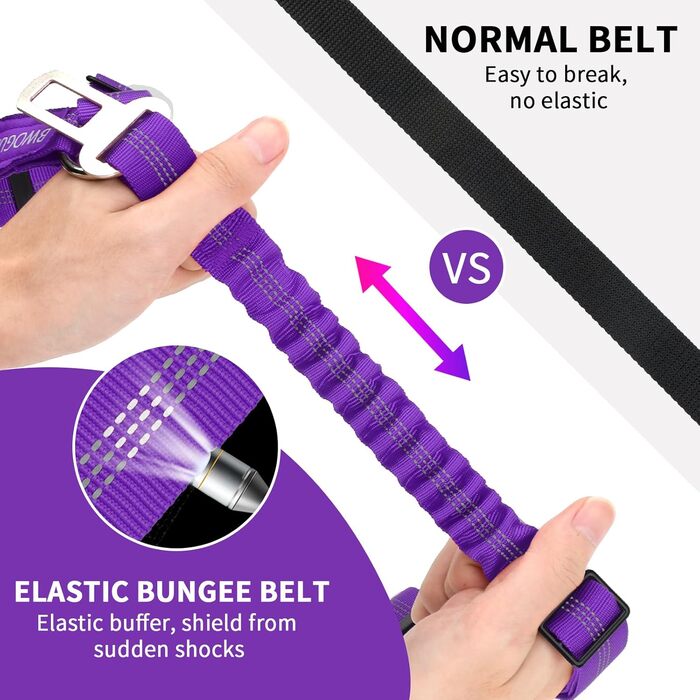 Безпечний поводок для собак та котів BWOGUE, відбиваючий, для підголівника, еластичний, регульований, антизаплутування, для автомобіля, фіолетовий, з пряжкою