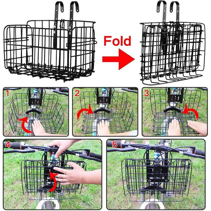 Складаний велосипедний кошик SUQ з чорною нейлоновою сумкою, сталева велосипедна корзина, для тварин, покупок, подорожей, кемпінгу та відпочинку на природі (Чорний)