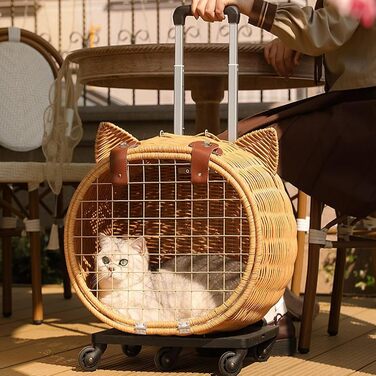 Вінтажна візок для собак та котів з ротангу | Візок для маленьких собак та котів з колесами, телескопічною ручкою | Для прогулянок, подорожей