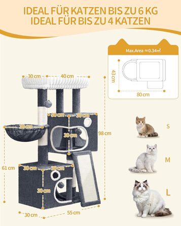 Дерево для котів Hzuaneri, 98 см: стійка конструкція, велика платформа, іграшкові м'ячики, печери, стовпчики для дряпання, дощечка для дряпання, темно-сірий MS10118SG