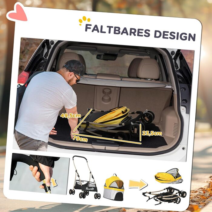 PawHut Переноска для собак та котів 2-в-1, жовта, з килимком, складний візок, для маленьких собак та котів