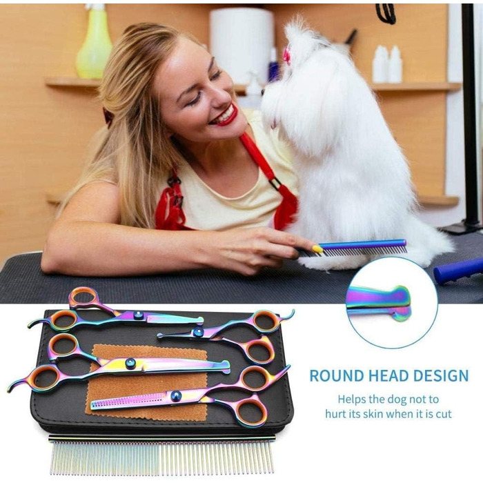 Набір професійних ножиць для грумінгу тварин CLQ (5 шт.) з нержавіючої сталі 4CR, безпечні, з титановим покриттям, для собак та котів