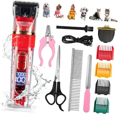 Безшумний бездротовий тример для домашніх тварин BESPORTBLE з LED-дисплеєм, миється, аксесуари для собак та котів, регульована швидкість, насадки-гребінці, 18.00x4.50x4.00 см, червоний