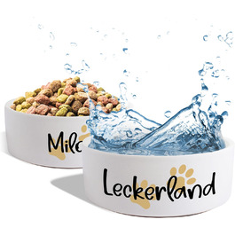 Керамічний подвійний набір мисок з іменем для собак та котів 'Дві маленькі лапки' - персоналізований набір мисок з/без підставки | Миска для собак, годівниця, миска для їжі | Годівниця (2 x 1300 мл)