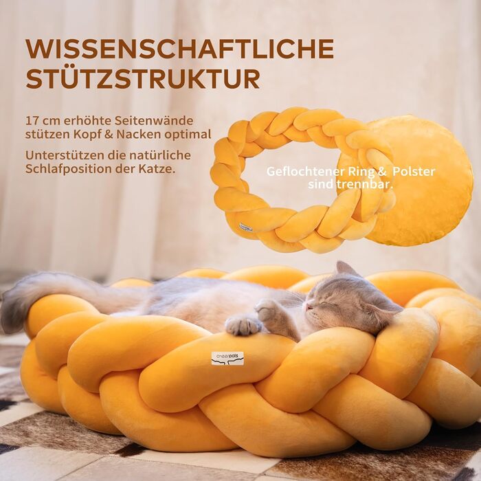 Катяме місце CheerPals 60 см, миється, плетене, м'яке ліжко-гніздечко для котів та маленьких собак, білий (жовтий)
