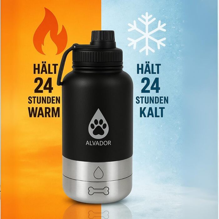 Водяна пляшка для собак на 1000 мл з нержавіючої сталі, 4-в-1, з місткою та мискою для корму, витокозахисна, без BPA, аксесуар для прогулянок та походів (чорна)