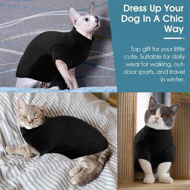 Пуловер з коміром-стійкою для котів AOFITEE, м'який пуловер для котів Sphynx без шерсті, теплий котячий пуловер з рукавами, флісовий зимовий піжамний костюм, для кошенят, S (середній, чорний)