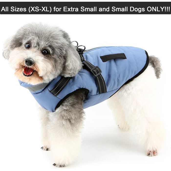 Зуена Тепла куртка для собак на зиму з поворотком для шлейки, світловідбиваючі елементи, водонепроникна, флісова підкладка, XS/S, блакитна