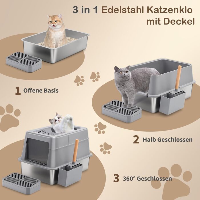 Набір для котів з нержавіючої сталі з кришкою, 110° Flip-Cover Design XXL, закритий лоток для котів, 38л, з лопаткою та педальним механізмом, високий борт, захист від протікання, легке очищення, 61х42х39 см
