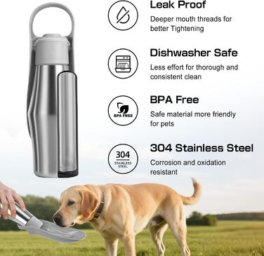 Водяна пляшка для собак на прогулянці 750 мл - не протікає, з нержавіючої сталі, з подвійними стінками, ізольована, сіра