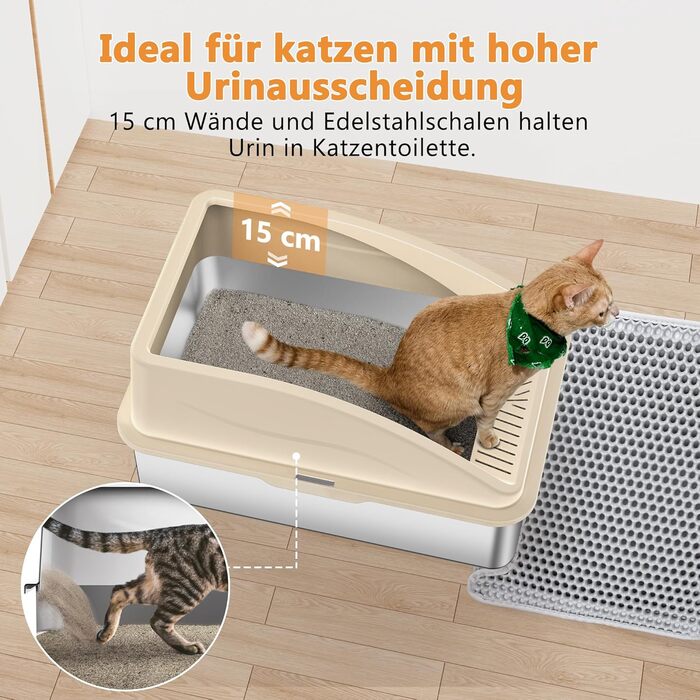 FURTIME Лоток для котів з нержавіючої сталі XXL, 28 л, велика місткість, проти протікань, з металевою лопаткою, 60x40x31 см, сріблястий