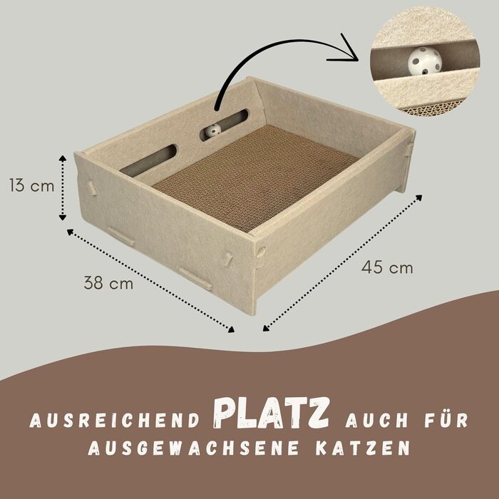 Котяча ігрова коробка з фільцу з двосторонньою дряпальною поверхнею та інтегрованим іграшковим елементом - компактна альтернатива котячому будиночку (кремовий)