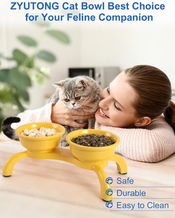 Набір мисок для котів з підняттям 2 шт. - Незламні миски для котів, автоматичне годування з меламіну, миється в посудомийній машині, широка основа з протиковзкими ніжками, миски, зручні для вусів, жовті Double