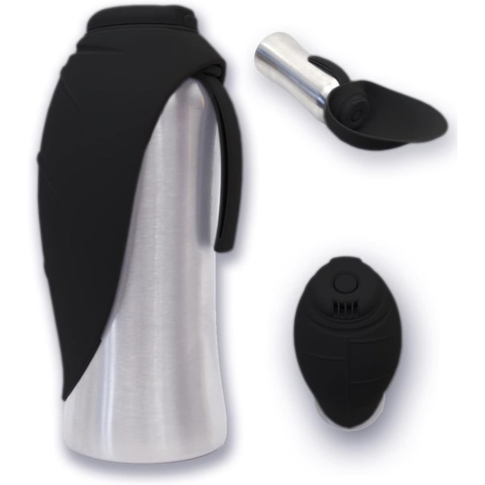 Pacific Paws Поїлка для собак Northwest - переносний диспенсер води, сталева пляшка, силіконовий миска у формі листка, 765 мл, чорний