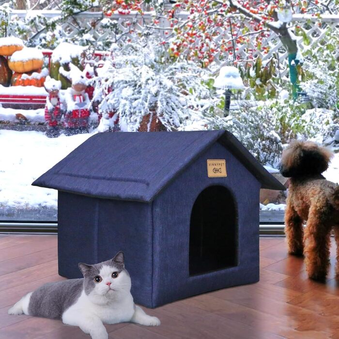 Vinnypet Будиночок для котів і собак, зимовий, водонепроникний, утеплений, 40x35x40 см, темно-синій, з матом, для вулиці, для безпритульних тварин