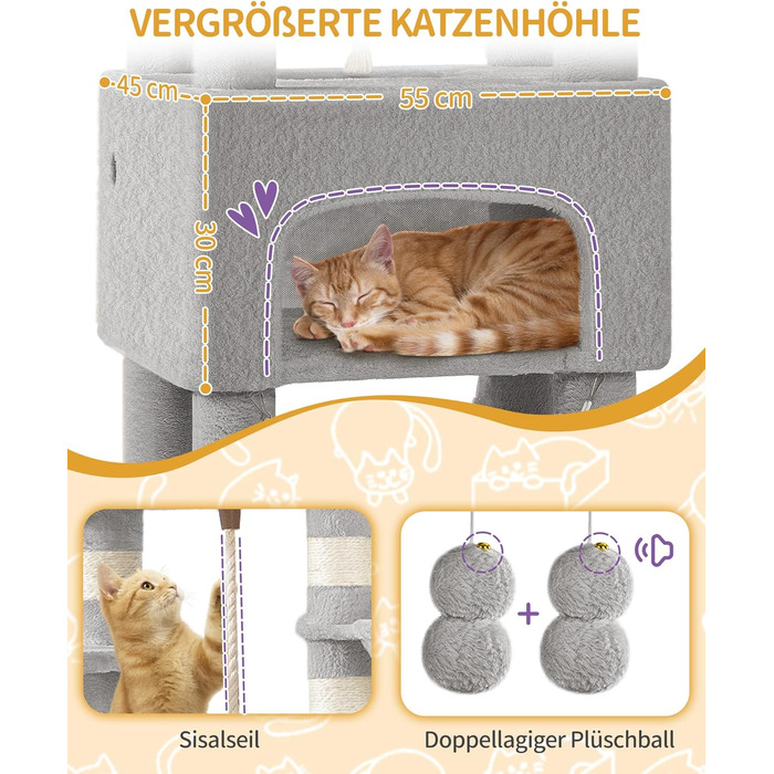 Кігтеточка для котів Hzuaneri, 176 см, XL, 3 платформи, 2 печери, 7 стовпчиків, гамак, плюшеві кульки, для багатокотових сімей, MS17618SG (Світло-сірий)