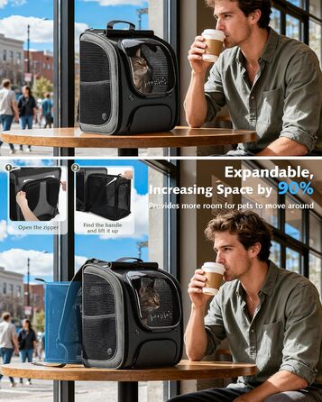 Pecute Рюкзак-переноска для кота з віконцем-сіткою, дихаючий та легкий рюкзак для тварин, великий (32 x 26 x 42 см, сірий, розширюваний)