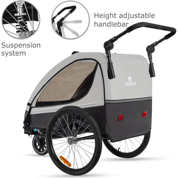 Дитячий велосипедний причіп Tiggo VS 2в1 з амортизацією та поворотним з'єднанням 360° - сірий (для 1-2 дітей, до 40 кг)