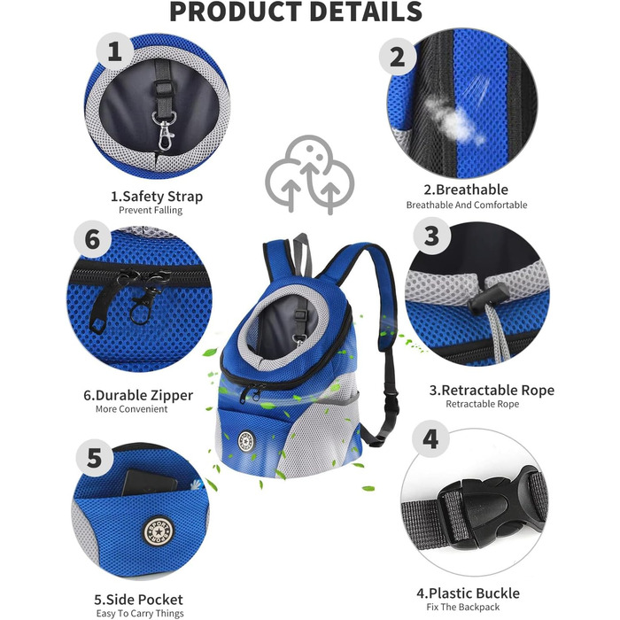 PETCUTE Рюкзак-переноска для собак і котів, блакитний, з регульованим ременем, водонепроникним дном та дихаючою передньою кишенею
