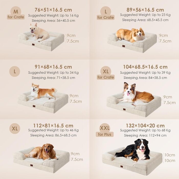 Ортопедичне ліжко для собак EHEYCIGA, 89x56 см, Memory Foam, для середніх та маленьких собак, вологостійке, з високим бортиком, бежеве