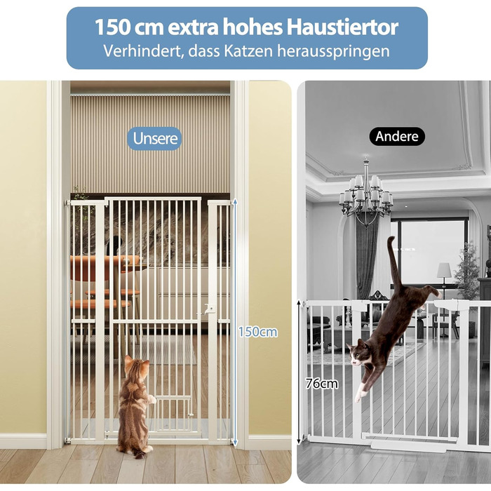 Захист для воріт COSTWAY для собак, високе перегороджувальне ґрат, 77-104 см x 150 см, захист з маленькими дверима, 2 розширення, ґрат без свердління, висувний ґрат для собак, металевий захисний ґрат, білий