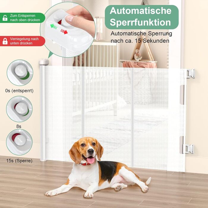 Захист для сходів з замком, розтяжний захист для дітей та собак, ширина 150 см, висота 83 см (140 см/білий, без свердління, автоматичний замок)
