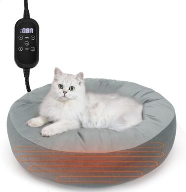 Кішечкове ліжко Nobleza з регульованою температурою, тепла підстилка у вигляді пончика з захисним кабелем, що не гризеться, 50 см, сіре
