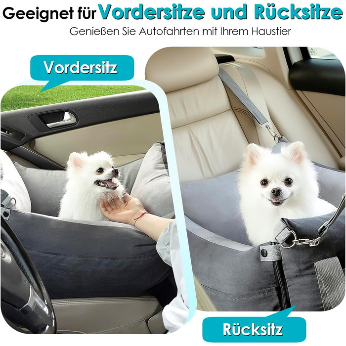 Автомобільний лежак для собак маленьких та середніх порід (до 15 кг), з висувним лежаком, знімний та миючий, з кишенями та ременем безпеки, зелений. Лежак для собак у машину (сірий).