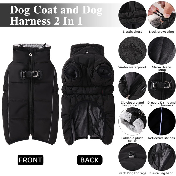 Зимовий теплий одяг для собак середніх порід: тепла жилетка з флісу, водонепроникний зимовий костюм, вітрозахисна куртка. Чорний колір.