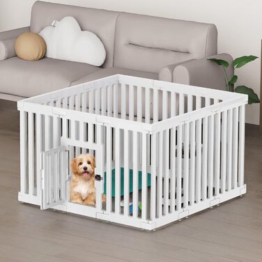 Клітка для цуценят FASRIOU Indoor 65 см, пластикове огородження для собак з антиковзкими присосками, вольєр для маленьких собак, 18 панелей (100 x 100 x 65 см), з роздільними секціями