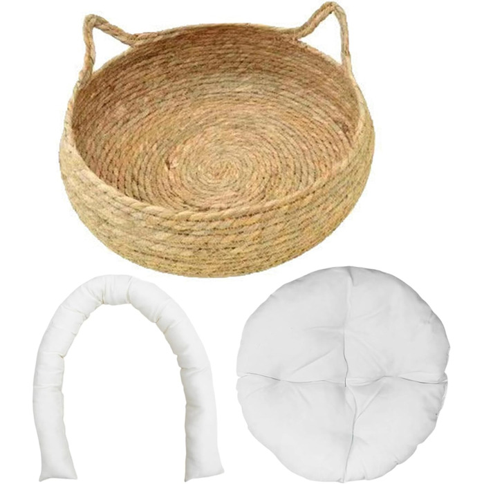 Кігтечка-ліжко для котів з соломи, 43 см, з м'яким подушкою, для кошенят, стійке до подряпин, ліжко для кота + біла подушка + об'ємні подушки