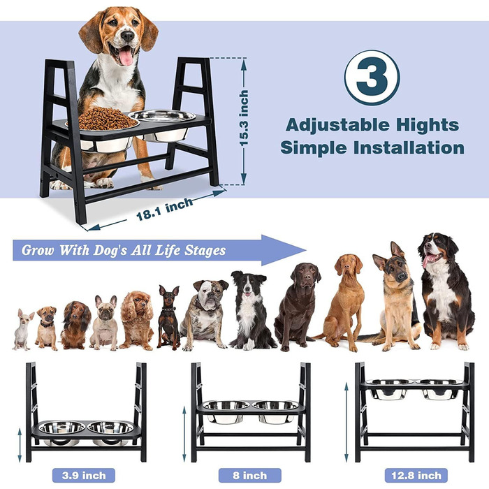 Підставка для годівлі собак з регулюванням висоти, дерев'яна, з двома мисками з нержавіючої сталі, нахил 15°, регулювання по висоті в 3 положеннях