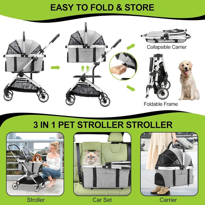 3-в-1 Візок для собак з знімним сидінням, переноска, сумка-трансформер, складаний, до 20 кг (сірий)
