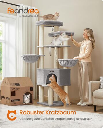 Декілька поверхів, великий котячий будиночок Feandrea, XXL, 55 x 55 x 186,7 см, товсті сизалеві стовпи (11 см), для великих котів (наприклад, мейн-кун), сірий та чорний котячий будиночок, PCT008G02