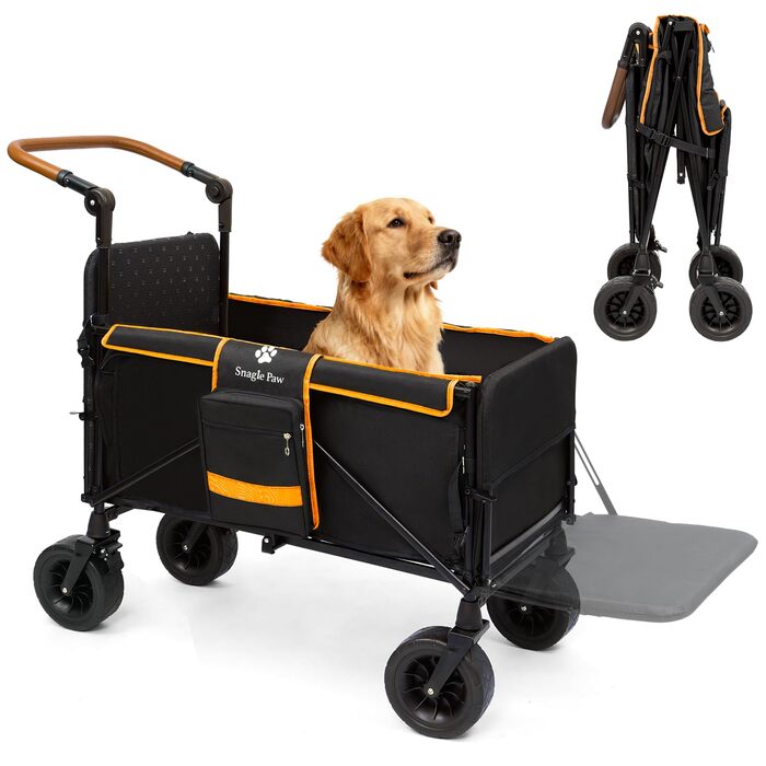 Трансформер для собак великих порід Snagle Paw з дверцятами та рампою, складний, для будь-якого рельєфу, з кишенями для зберігання, регульованою ручкою та гальмом, чорний/помаранчевий