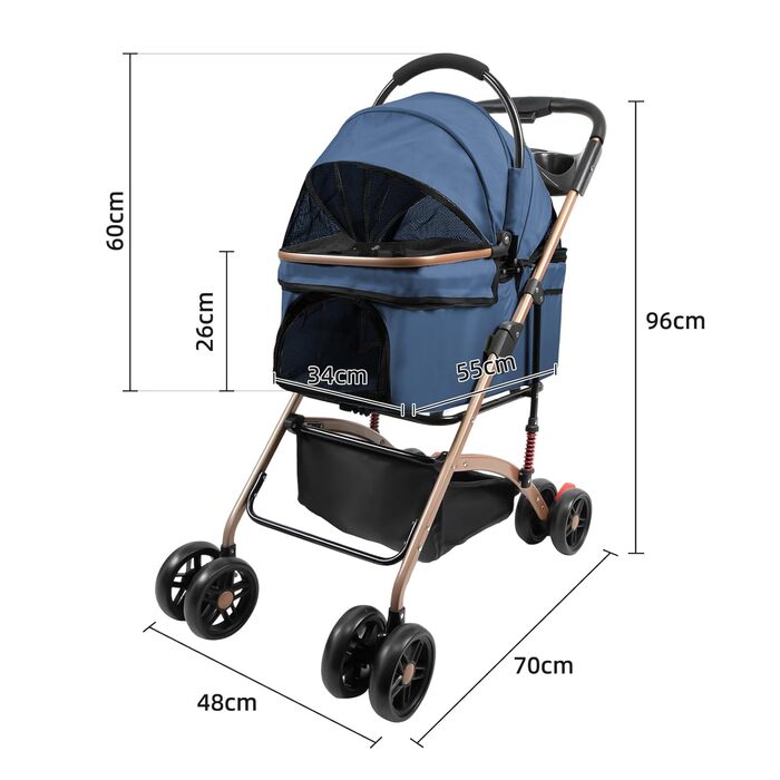 Візок для собак 3 в 1, складний, для маленьких собак та котів, знімний кошик, переноска, сітка, оксфордська тканина, до 20 кг (Блакитний)