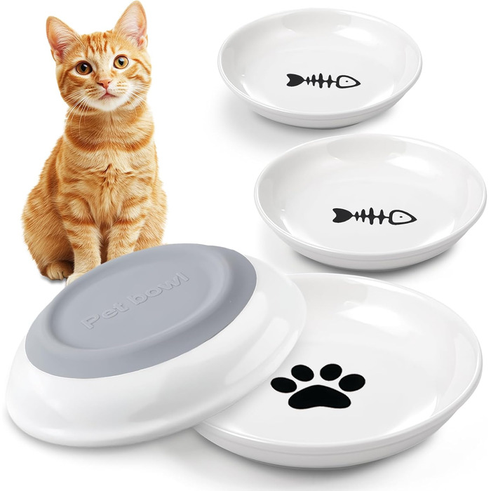 Набір мисок для котів з кераміки (4 шт.) з неслизьким дном, анти-відрижка, широкі та плоскі миски для кошенят та дрібних тварин