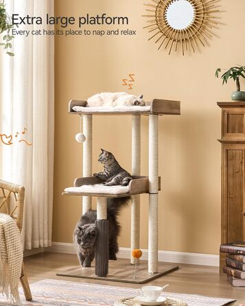FourFurPets котячий комплекс 111 см, сучасний котячий тур, будиночок для великих дорослих котів, когтеточка, велика лежанка, знімні подушки, для дому, Greige