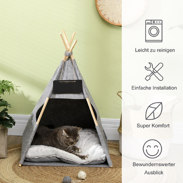 PawHut Pet Tent Cat House & Dog Tent з м'якою подушкою з плюшу та фетру, можна прати в пральній машині, сірий 58x58x80 см