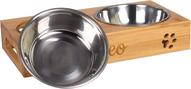 Кормушка для котів LAUBLUST з іменним гравіюванням - Натуральне дерево | 31x15x6 см - 2 миски з нержавіючої сталі (0,35л кожна) | Підвищена годівниця для котів | Сріблясті миски для котів
