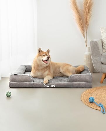 Ортопедичне ліжко для собак Lionto з піднятим бортиком, 89x63x17 см, м'яке крісло для собак з фланнелю, знімний та пральний чохол, неслизьке, для маленьких та великих собак та котів, сіре (з нанесенням імені)