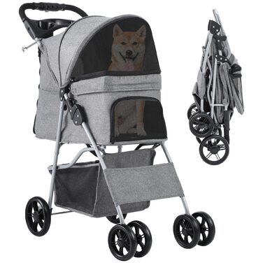 Візок для собак та котів DWVO, сірий, до 15 кг, складання, з підстаканником та кошиком для зберігання