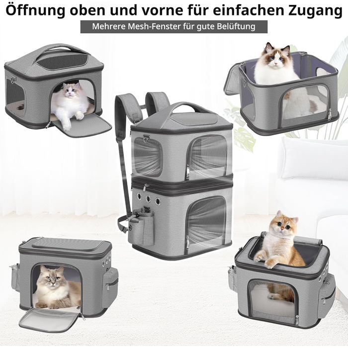 Рюкзак-переноска для котів FASNATI на 2 котів до 12 кг, сірий, для подорожей та кемпінгу
