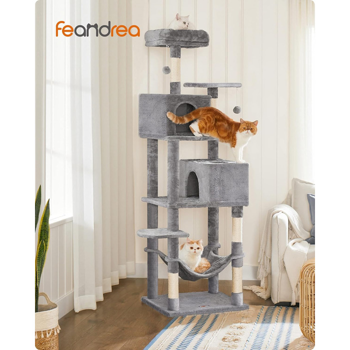 Дряпак для котів Feandrea 191 см, 5 стовпчиків, 2 платформи, 2 будиночки, гамак, 2 іграшки, багаторівневий, плюш, світло-сірий