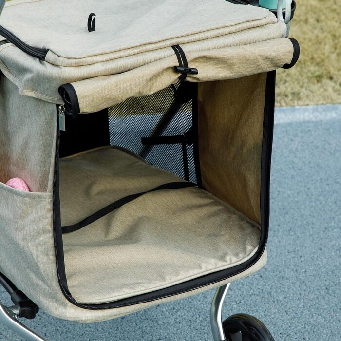 PawHut Будка-переноска для собак та котів, легка алюмінієва, складна, з подушкою, сіткою, дверима та кошиком для зберігання (Хакі)