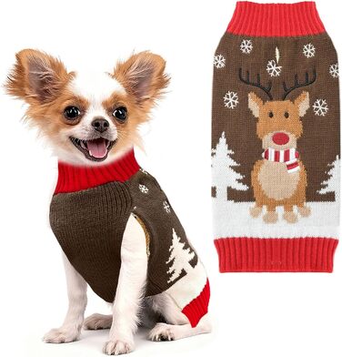 Стильний святковий светр для собак: теплий, м'який, з рентієром, для маленьких собак, коричневий, для осені та зими