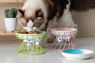 Керамічні годівниці для котів набором 4 шт., підняті миски з підставкою, годівниця для домашніх котів, зменшує напругу в шиї, зручні для вусів, для кошенят, котів, цуценят, миється в посудомийній машині, 4 кольори миска+підставка