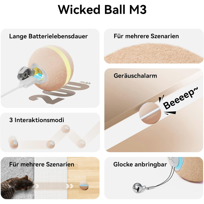 Інтерактивний м'яч для котів Cheerble Wicked Ball M3, заряджається, 3 режими, розумна іграшка з LED-підсвіткою, для домашніх котів і кошенят, бежевий