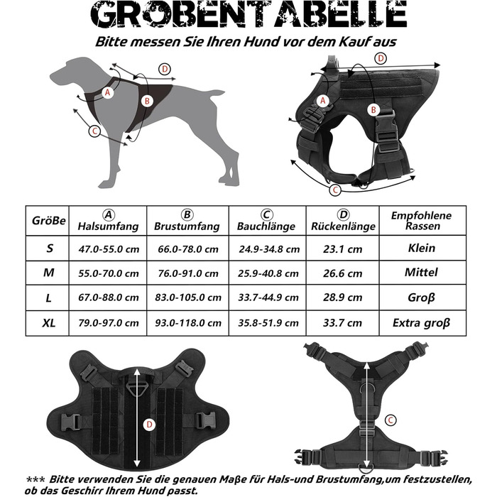 Шлейка для собак Rabbitgoo великих порід, без натягу, тактична з MOLLE, металеві пряжки, дихаюча, військова, чорна, L