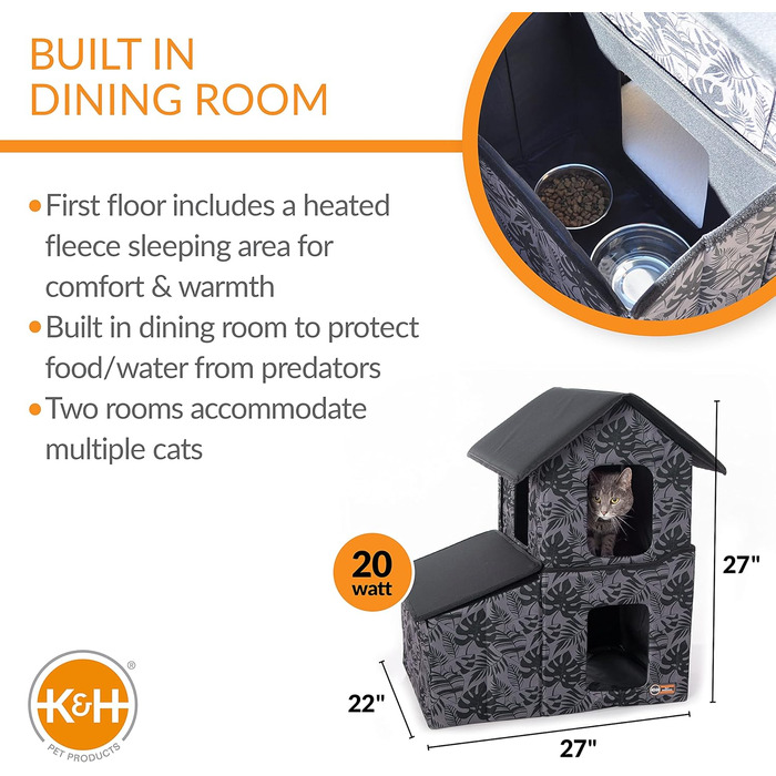 Двоповерховий вуличний котячий будиночок K&H PET PRODUCTS з їдальнею та обігрівом, сірий, 55,9x68,9x68,9 см